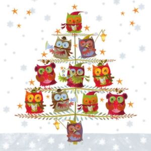 AMB.33305055 Christmas Tree with Owls papírszalvéta 33x33cm,20db-os