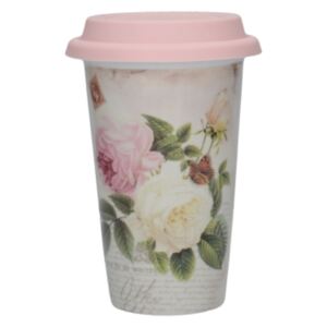 C.T.5233481 Duplafalú utazó pohár porcelán, szilikon fedővel 350ml, Rose garden