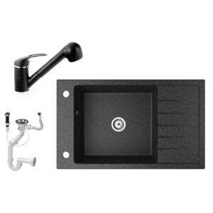 Gránit mosogató NERO Grande + kihúzható zuhanyfejes Shower csaptelep + adagoló (fekete)