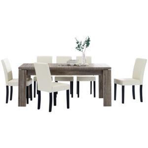 [en.casa]® Rusztikális tölgyfa étkezőasztal - 170 x 79 cm - 6 műbőr krémszínű székkel