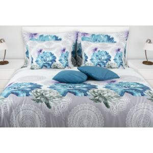 Glamonde luxus pamut szatén ágynemű Abelie Szürkés fehér luxus ágyneműhuzat méretes kék virágokkal
