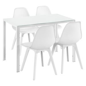 [en.casa]® Étkezőgarnitúra étkezőasztal 105cm x 60cm x 75cm székekkel étkező szett konyhai asztal 4 műanyag székkel 83x54x48 cm fehér-fehér