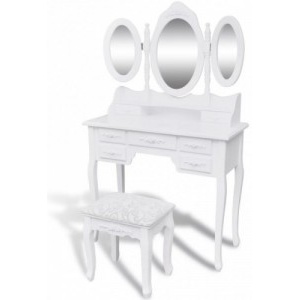 Fehér fésülködőasztal 3 tükörrel és zsámollyal