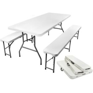 Malatec Összecsukható asztal 180cm-re felére csökkent + 2x összecsukható padok, fehér, 3257