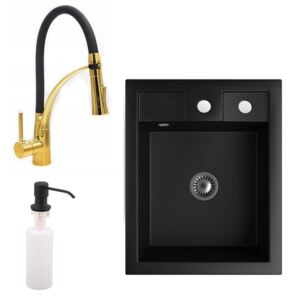 Gránit Mosogató NERO Parma + kihúzható zuhanyfejes Duo-Flex Gold csaptelep + adagoló + szifon (matt fekete)