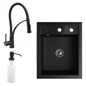Gránit Mosogató NERO Parma + kihúzható zuhanyfejes Duo-Flex csaptelep + adagoló + szifon (matt fekete)