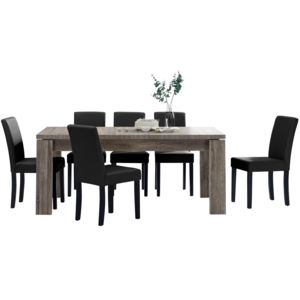 [en.casa]® Rusztikális tölgyfa étkezőasztal - 170 x 79 cm - 6 műbőr fekete székkel