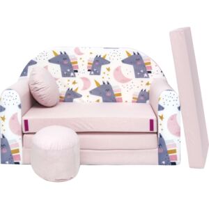 Nyitható mini kanapé gyerekeknek + ajándék puffal - unikornis