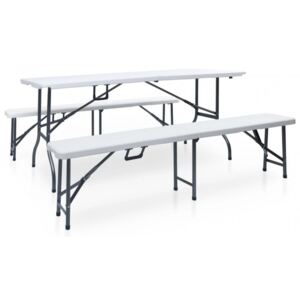 Fehér HDPE és acél összecsukható kerti asztal 2 paddal 180 cm