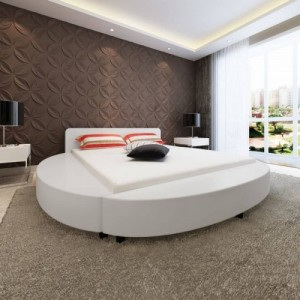 Fehér kerek műbőr matracos LED-es ágy 180 x 200 cm