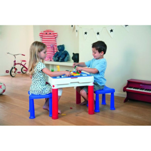 Kreatív játékasztal gyerekeknek 2 székkel, CONSTRUCTABLE