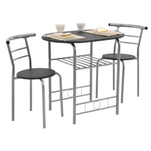 [en.casa]® Konyha asztal két székkel étkező garnitúra polccal 80 x 53 cm fekete/ezüst vas MDF bisztró szett
