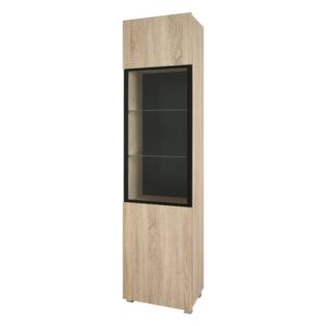 GORDIA 1D vitrines szekrény, 200x50x35 cm, sonoma tölgy/fekete, fehér LED