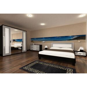VIOLA hálószoba összeállítás - ágy 160x200+ágyrács +matrac COMFORT+2 éjjeli szekrény+négyajtós tükrös szekrény+komód, magasfényű fehér /fekete