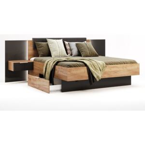 LUNA francia ágy + ágyrács és éjjeli szekrények, 180x200,Kraft tölgy/szürke