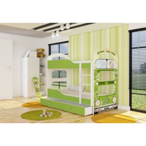 Dětská patrová postel DOMINIK 2, bílá/zelená-vzor HIPPIE, 160x80