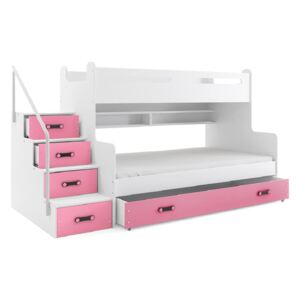 MAX 3 emeletes ágy + tárhely + ajándék matrac + ágyrács, 120x200 cm, fehér, rózsaszín