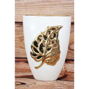 Kerámia váza - arany levél minta - arany-fehér (m. 25cm, á. 6cm) - modern stílusú