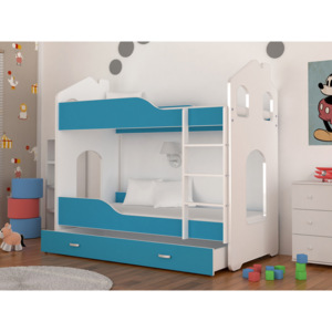 PATRIK Domek gyerekágy + AJÁNDÉK matrac + ágyrács, 180x80 cm, szürke/kék