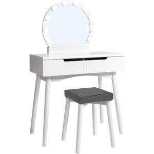 Tükörös Fésülködő asztal készlet világítással, 2 nagy csúszó fiókkal és párnázott székkel, fehér
