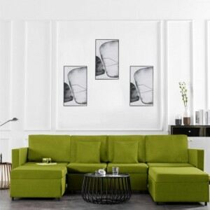 Zöld szövetkárpitozású négyszemélyes kihúzható kanapéágy