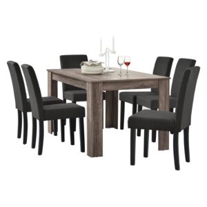 [en.casa]® Étkezőasztal 6 szövet székkel 140 x 90 cm design konyhai asztal étlezőszék antik tölgy/sötétszürke Nora