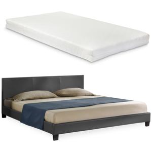 Corium® Franciágy matraccal Barcelona műbőr ágykeret kárpitozott design ágy hideghab matrac 140 x 200 cm sötétszürke