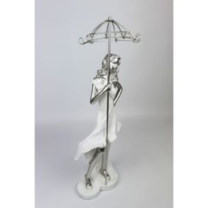 Ezüst-fehér szobrocska - hölgy esernyővel 43cm