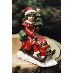 Piros karácsonyi figura - lány szánon 11cm