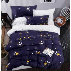 Gyönyörű kétoldalas ágynemű kék, csillag és macska motívumával 2 rész: 1db 140 cmx200 + 1db 70 cmx80