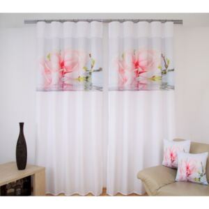 Fehér függöny a nappalihoz rózsaszín virág motívummal Szélesség: 160 cm | Hossz: 250 cm (2 darabos készletben)