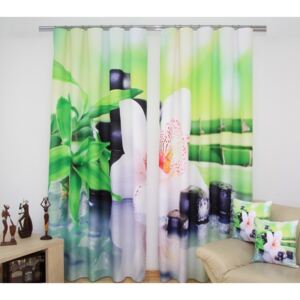 Modern zöld drapéria fehér orchidea motívummal Szélesség: 160 cm | Hossz: 250 cm (2 darabos készletben)