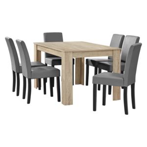 [en.casa]® Étkezőasztal 140 x 90 cm 6 műbőr étkezőszék design konyhai asztal székkel Nora tölgy/világos barna-szürke Garnitúra