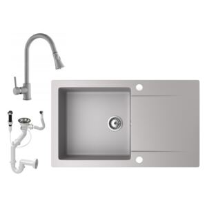 Gránit mosogató NERO Gold + kihúzható zuhanyfejes Snake csaptelep + dugókiemelő (szürke)
