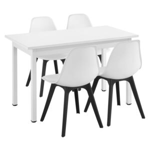 [en.casa]® Étkezőgarnitúra étkezőasztal 120cm x 60cm x 75cm székekkel étkező szett konyhai asztal 4 műanyag székkel 83x54x48 cm fehér-fekete