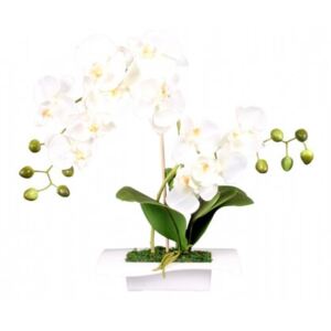 Mű orchidea tálban, 14 virággal, 45 cm, fehér