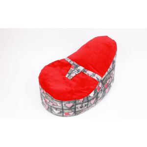 Baba babzsák biztonsági övvel - piros színű pihe-puha wellsoft, szürke piros szív mintával pamutvászon huzattal
