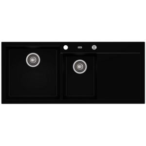 A-POINT 180 kétmedencés csepegtetőtálcás gránit mosogató automata dugóemelő, szifonnal, fekete, balos, beépíthető