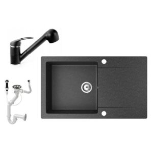 Gránit mosogató NERO Gold + kihúzható zuhanyfejes Shower csaptelep + dugókiemelő (fekete)