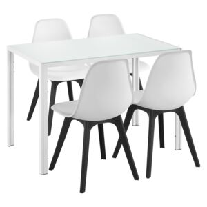 [en.casa]® Étkezőgarnitúra étkezőasztal 105cm x 60cm x 75cm székekkel étkező szett konyhai asztal 4 műanyag székkel 83x54x48 cm fehér-fehér/fekete