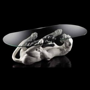 Asztal fekvő párduccal és párduckölyökkel kerámia szobor, valódi Swarovski nyakörvvel, üveggel. Szín: fehér, fekete