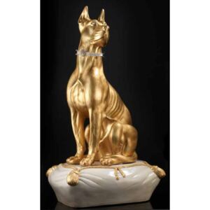 Nagyméretű dán dog kerámia szobor valódi Swarovski kristályokkal, párnával,, aranyfóliával - matt krém színben