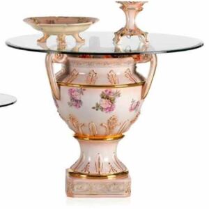 Nagyméretű kerámia asztal rózsákkal belső üveglappal Ø 120 cm. Szín: világoskék, lazacszín, arany