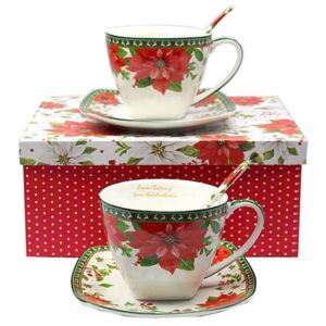 Karácsonyi porcelán csésze aljjal - 250 ml 2 személyes - Mikulásvirágos