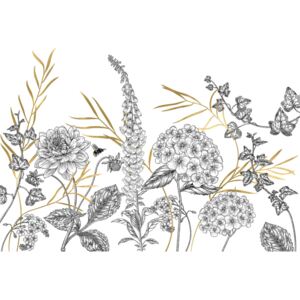 Nyári virágokat ábrázoló tapéta, méhecskével, 400x280 cm, fekte-fehér - PRAIRIE