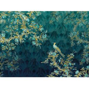 Art déco és virág mintás tapéta, pávákkal, 350x260 cm, türkiz-arany - PAONS