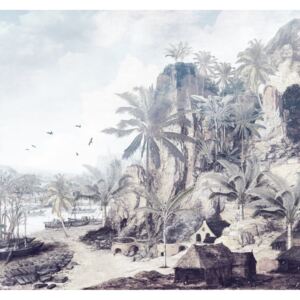 Trópusi szigetet ábrázoló tapéta, faluval, 300x280 cm, barna-zöld - ROBINSON