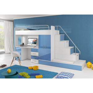 DARCY V, emeletes ágy, 80x200 cm, univerzális orientáció, fehér/magasfényű kék