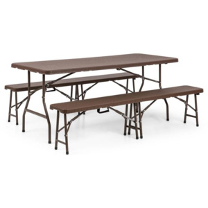 Blumfeldt Burgos, kerti bútor készlet, háromrészes, asztal+ két pad, acél, HDPE, összecsukható, barna